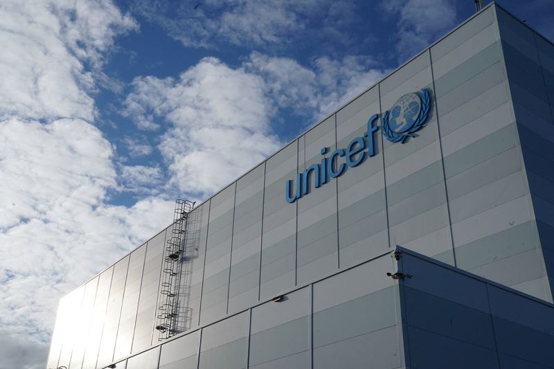 &copy; Reuters. A view shows the logo on the exterior of UNICEF's humanitarian warehouse in Copenhagen, Denmark, November 15, 2023. REUTERS/Tom Little/File Photo