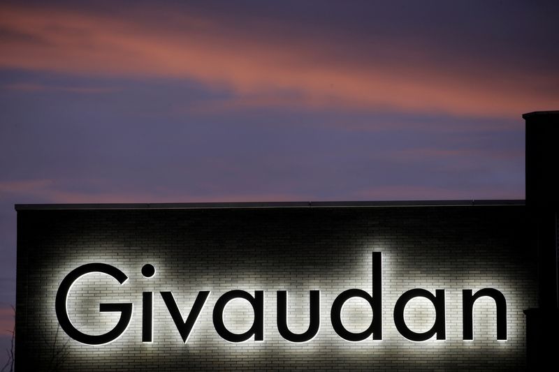 &copy; Reuters. FILE PHOTO: The logo of Swiss flavours and fragrances maker Givaudan is seen at its innovation center in Kemptthal, Switzerland January 10, 2020.            REUTERS/Arnd Wiegmann/File Photo