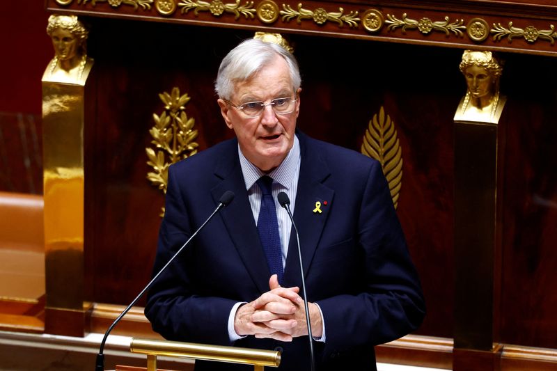 &copy; Reuters. FILE PHOTO: French Prime Minister Michel Barnier delivers a speech during a censure motion debate filed by the alliance of left-wing parties the "Nouveau Front Populaire" (New Popular Front - NFP), after the questions to the government session at the Nati