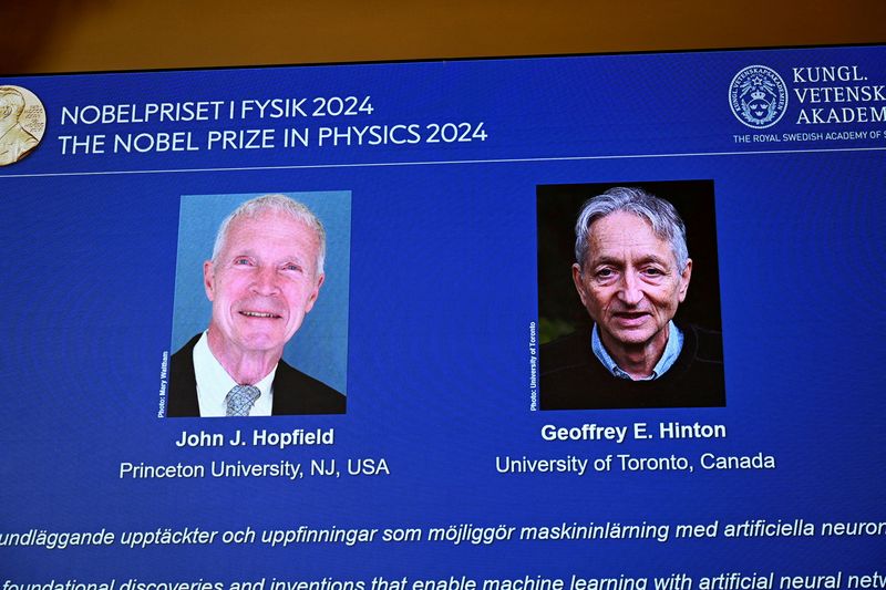 &copy; Reuters. FILE PHOTO: John J Hopfield and Geoffrey E Hinton are awarded this year's Nobel Prize in Physics, announced at a press conference at the Royal Swedish Academy of Sciences in Stockholm, Sweden October 8, 2024. TT News Agency/Christine Olsson via REUTERS/Fi