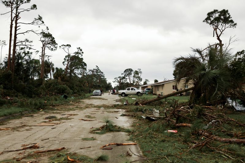 &copy; Reuters. A road is seen covered with debris and branches left by a tornado in a zone affected by Hurricane Milton, in Lakewood Park, Florida, U.S., October 10, 2024. REUTERS/Maria Alejandra Cardona