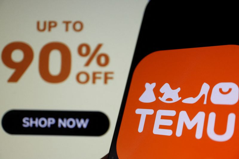 &copy; Reuters. FILE PHOTO: The logo of Temu, an e-commerce platform owned by PDD Holdings, is seen on a mobile phone displayed in front of its website, in this illustration picture taken April 26, 2023. REUTERS/Florence Lo/Illustration/File Photo