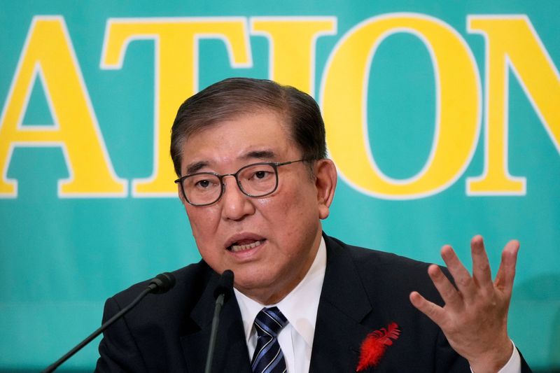 © Reuters. Japan's Prime Minister Shigeru Ishiba, leader of the Liberal Democratic Party, attends the debate with other political party leaders at the Japan National Press Club in Tokyo, Japan October 12, 2024. Eugene Hoshiko/Pool via REUTERS