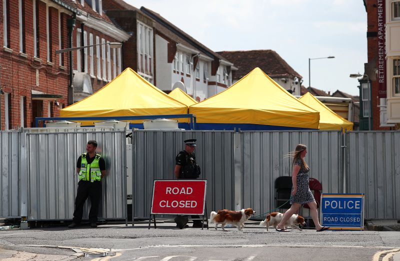 © Reuters. FILE PHOTO: A woman walks her dogs past police officers stationed outside barriers blocking the street where Dawn Sturgess lived before dying after being exposed to a Novichok nerve agent, in Salisbury, Britain, July 19, 2018. REUTERS/Hannah McKay/File Photo