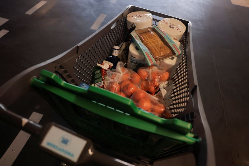 © Reuters. FILE PHOTO: Groceries in a shopping cart at Mercadona supermarket, in Ronda, Spain September 30, 2024. REUTERS/Jon Nazca/File photo