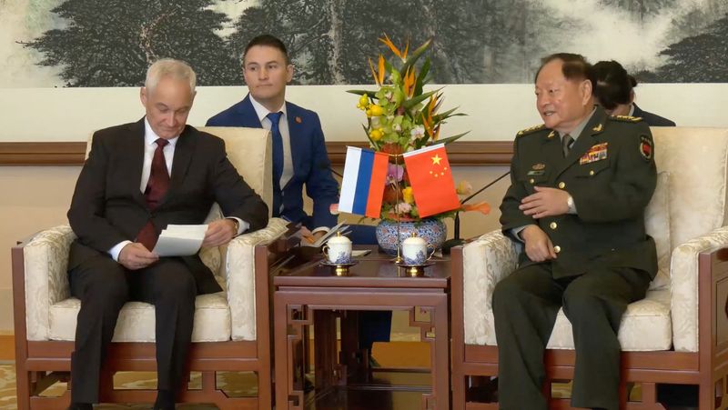 © Reuters. Andrei Belousov, Russia's Defence Minister, attends a meeting with Zhang Youxia, Vice Chairman of China's Central Military Commission, in Beijing, China, in this still image taken from video released on October 15, 2024. Russian Defence Ministry/Handout via REUTERS