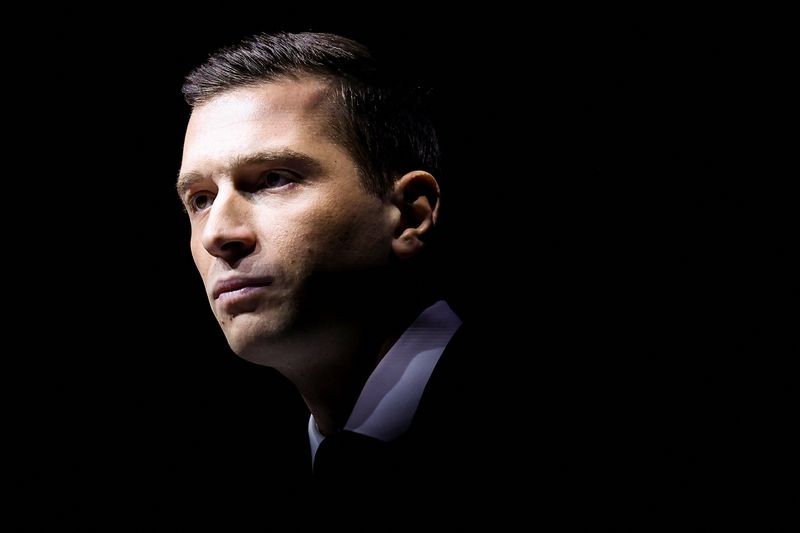 &copy; Reuters. FILE PHOTO: Jordan Bardella, President of the French far-right Rassemblement National (National Rally - RN) party looks on during a political rally in Nice, France, October 6, 2024. REUTERS/Manon Cruz/ File Photo