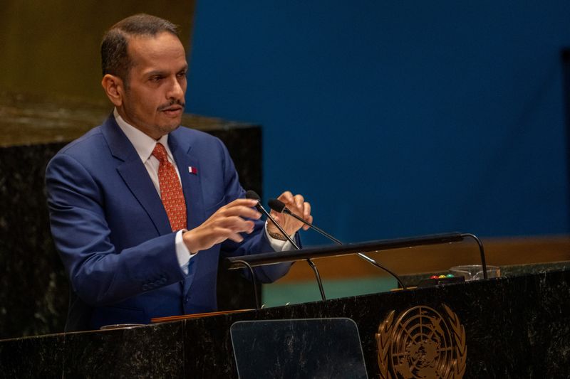 &copy; Reuters. Qatar's Prime Minister and Foreign Minister Sheikh Mohammed Bin Abdulrahman Al-Thani addresses the "Summit of the Future" in the General Assembly Hall at United Nations Headquarters in New York City, U.S., September 22, 2024. REUTERS/David Dee Delgado/Fil