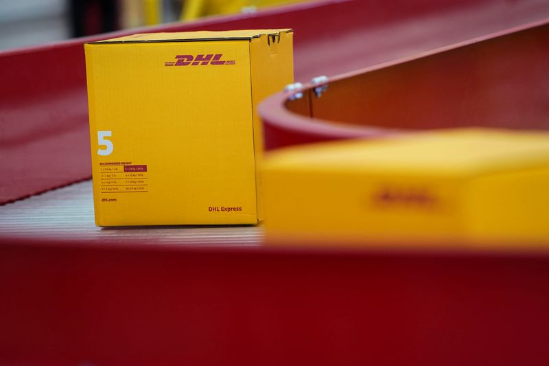 &copy; Reuters. FILE PHOTO: Boxes of German postal and logistics group Deutsche Post (DHL) are displayed during a demonstration marking the inauguration of the company’s new cargo facilities at the Felipe Angeles international airport in Zumpango, Mexico, February 28, 