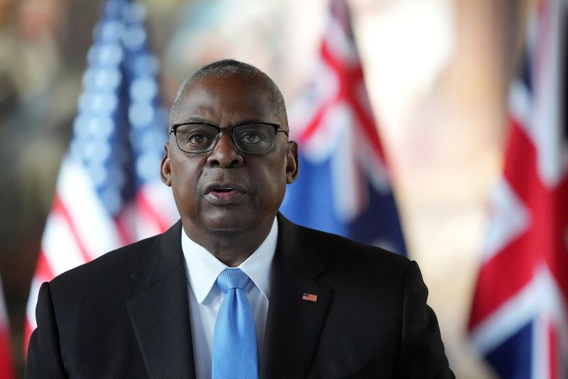 © Reuters. US Secretary of Defense Lloyd Austin speaks during the AUKUS Defence Ministers Meeting at Old Royal Naval College, Greenwich, London, Thursday, Sept. 26, 2024. Kin Cheung/Pool via REUTERS/File Photo