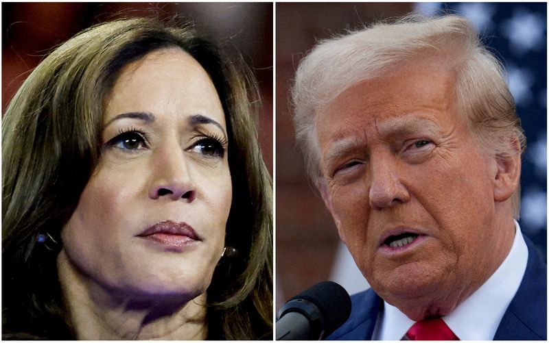 &copy; Reuters. Candidata democrata à Presidência, Kamala Harris, e candidato republicano, Donald Trumpn20/08/2024 e 18/08/2024 REUTERS/Marco Bello, Jeenah Moon