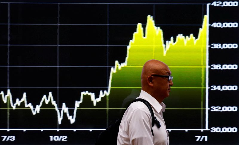 © Reuters. FILE PHOTO: A man walks past an electric screen displaying graph showing recent movements on Japan's Nikkei share average outside a brokerage in Tokyo, July 9, 2024  REUTERS/Issei Kato/ File Photo