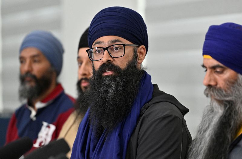 &copy; Reuters. FILE PHOTO: Moninder Singh, spokesperson for BC Gurdwara council speaks at a press conference held at Guru Nanak Sikh Gurdwara, site of the 2023 murder of Sikh separatist leader Hardeep Singh Nijjar, in Surrey, British Columbia, Canada May 3, 2024.  REUTE