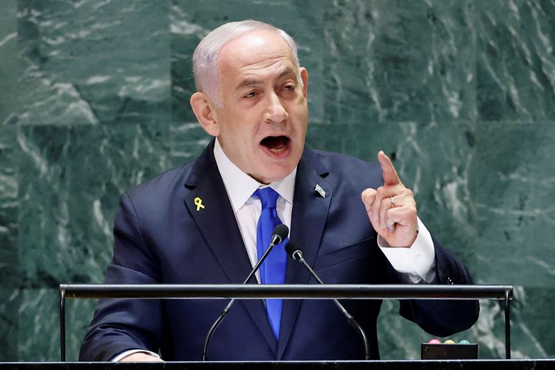 © Reuters. FILE PHOTO: Israel's Prime Minister Benjamin Netanyahu addresses the 79th United Nations General Assembly at U.N. headquarters in New York, U.S., September 27, 2024.  REUTERS/Eduardo Munoz/File Photo