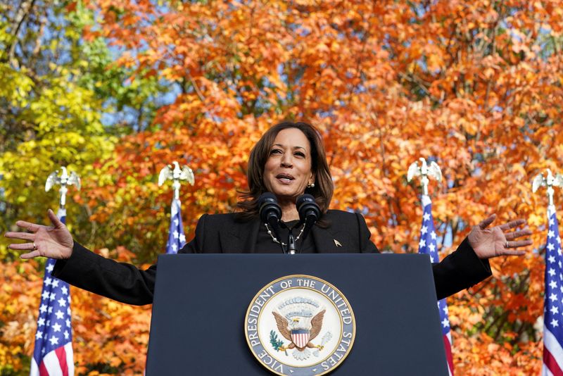 © Reuters. Democratic presidential nominee U.S. Vice President Kamala Harris speaks during a campaign rally at Riverside Park in Grand Rapids, Michigan, U.S, October 18, 2024. REUTERS/Kevin Lamarque