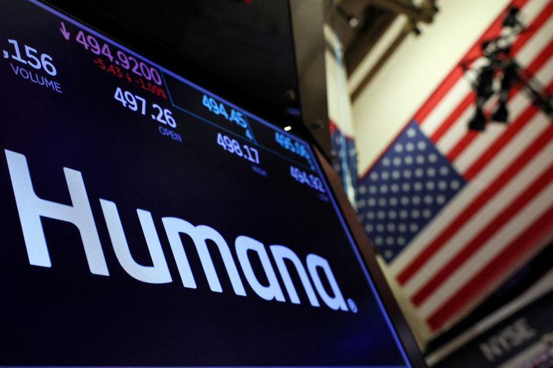 ©Reuters. FILE PHOTO: A screen displays Humana's logo and trading information on the floor of the New York Stock Exchange (NYSE) in New York, U.S., December 6, 2023. REUTERS/Brendan McDermid/File Photo