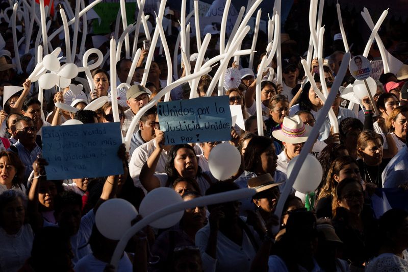 © Reuters. People walk during a protest after the killing of Alejandro Arcos, who had just taken office as the mayor of Chilpancingo, the capital of Mexico's state of Guerrero, in Chilpancingo, Mexico October 10, 2024. REUTERS/Quetzalli Nicte-Ha