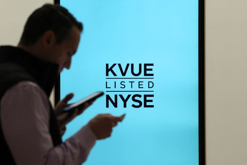 &copy; Reuters. FILE PHOTO: Kenvue Inc. Johnson & Johnson's consumer-health business, trading information is displayed on a screen during the company's IPO at the New York Stock Exchange (NYSE) in New York City, U.S., May 4, 2023.  REUTERS/Brendan McDermid/File photo