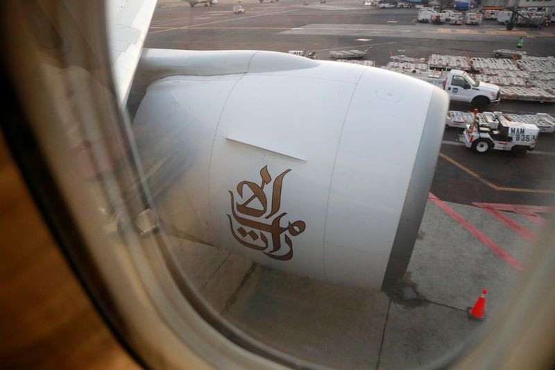 &copy; Reuters. The Emirates logo is seen on an Emirates Airline Boeing 777-200LR plane following its arrival at Mexico City International Airport during its first route from Dubai via Barcelona to Mexico City, Mexico, December 9, 2019. REUTERS/Henry Romero/ File Photo