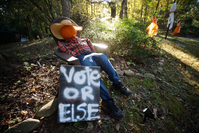 &copy; Reuters. A hand-painted sign encouraging citizens to vote, sits with Halloween decorations in the front yard of a home in Chapel Hill, North Carolina, U.S. October 20, 2024. REUTERS/Jonathan Drake/File Photo