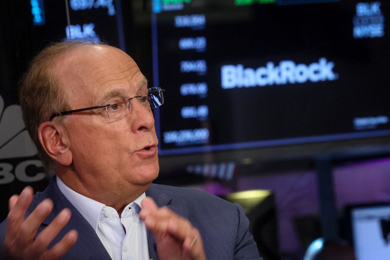 © Reuters. FILE PHOTO: Larry Fink, Chairman and CEO of BlackRock, speaks during an interview with CNBC on the floor of the New York Stock Exchange (NYSE) in New York City, U.S., April 14, 2023.  REUTERS/Brendan McDermid/File Photo