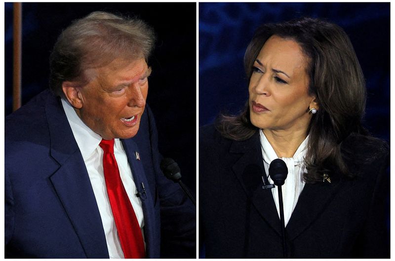 &copy; Reuters. O candidato presidencial republicano, ex-presidente Donald Trump e a candidata presidencial democrata, a vice-presidente Kamala Harris, participam de debate presidencial organizado pela ABC na Filadélfia, Pensilvânia, EUAn10/09/2024nREUTERS/Brian Snyder