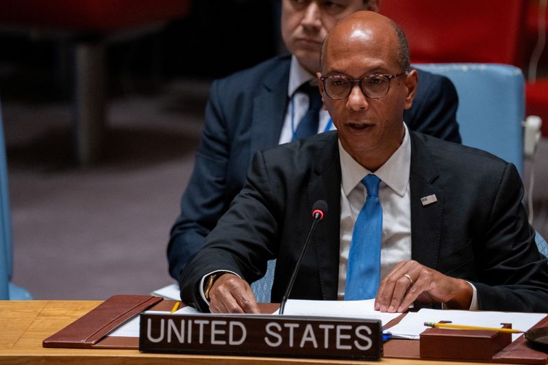 © Reuters. FILE PHOTO: U.S. Alternate Ambassador to the United Nations (UN) for Special Political Affairs Robert Wood speaks during a United Nations Security Council meeting addressing the continuing war between Russia and Ukraine at the U.N. headquarters in New York City, U.S., August 30, 2024. REUTERS/David 'Dee' Delgado/File Photo