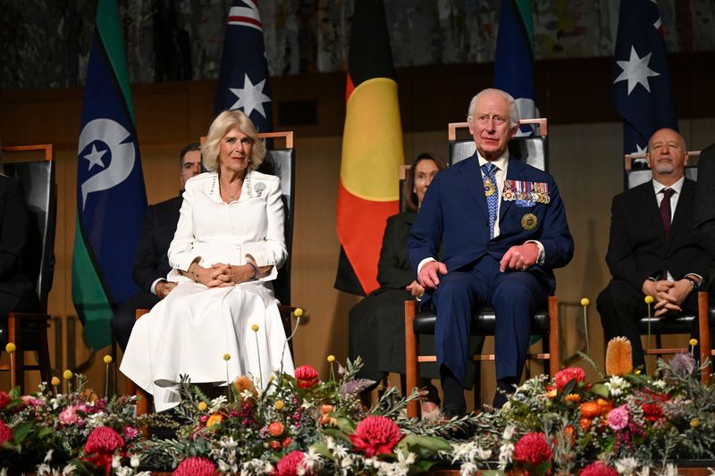 © Reuters. Britain's King Charles and Queen Camilla attend Australian Parliament House for Ceremonial Welcome and Parliamentary Reception, Canberra, Australia October  21, 2024. Victoria Jones/Pool via REUTERS