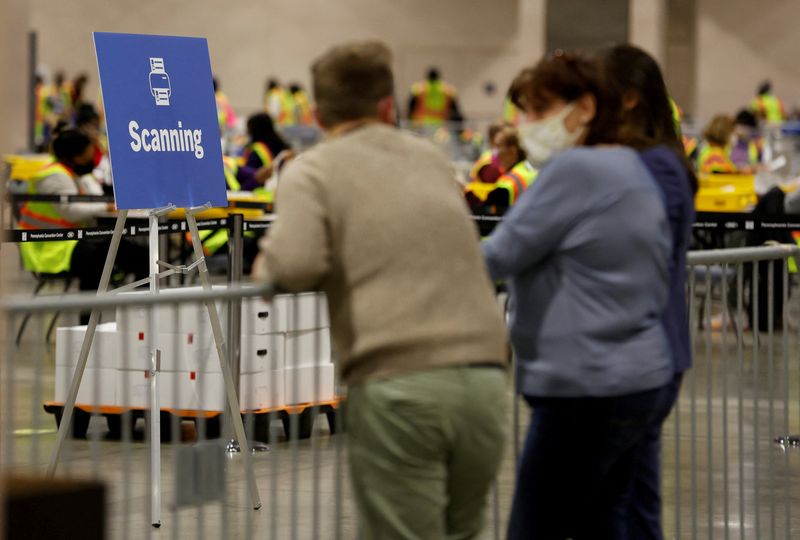 &copy; Reuters. FILE PHOTO: Poll watchers observe as votes are counted at the Pennsylvania Convention Center on Election Day in Philadelphia, Pennsylvania, U.S. November 3, 2020. REUTERS/Rachel Wisniewski/File Photo