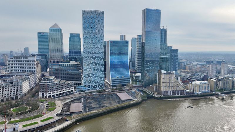 &copy; Reuters. FILE PHOTO: A drone view of London's Canary Wharf financial district in London, Britain March 3, 2024. REUTERS/Yann Tessier/File Photo