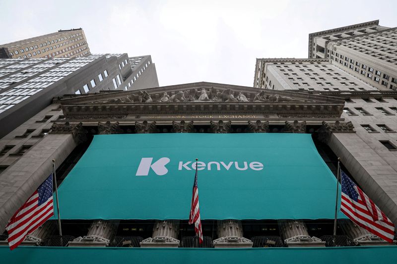 &copy; Reuters. FILE PHOTO: The company logo for Kenvue Inc  is displayed during the company's IPO at the New York Stock Exchange (NYSE) in New York City, U.S., May 4, 2023.  REUTERS/Brendan McDermid/File Photo