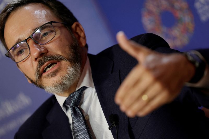 © Reuters. FILE PHOTO: Pierre-Olivier Gourinchas, Director and Economic Counsellor, Research Department IMF, speaks during an interview with Reuters on the first day of the annual meeting of the International Monetary Fund and the World Bank, following last month's deadly earthquake, in Marrakech, Morocco, October 9, 2023. REUTERS/Susana Vera/File Photo