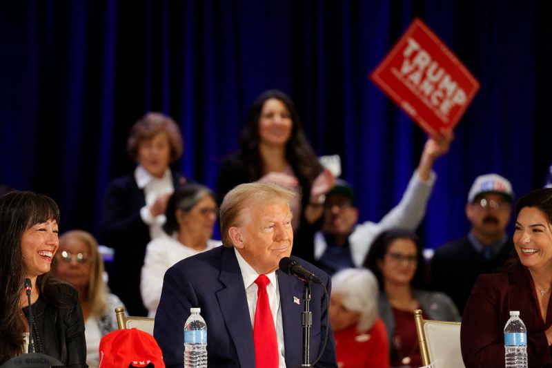 &copy; Reuters. Republican presidential nominee and former U.S. President Donald Trump looks on during a roundtable discussion with Latino community leaders in Doral, Florida, U.S. October 22, 2024. REUTERS/Marco Bello