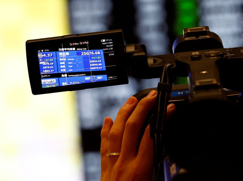 &copy; Reuters. FILE PHOTO: A TV cameraman films a screen displaying Nikkei index after the New Year ceremony marking the opening of trading in 2023 at the Tokyo Stock Exchange (TSE) in Tokyo, Japan January 4, 2023. REUTERS/Kim Kyung-Hoon/File Photo