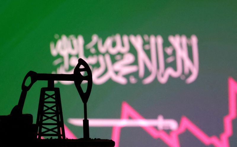 © Reuters. FILE PHOTO: Saudi Arabian flag with stock graph and an oil pump jack miniature model are seen in this illustration taken October 9, 2023. REUTERS/Dado Ruvic/Illustration/File Photo