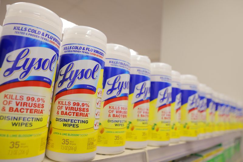 © Reuters. Lysol, a brand of Reckitt Benckiser Group PLC, is seen on display in a store in Manhattan, New York City, U.S., March 24, 2022. REUTERS/Andrew Kelly/ File Photo