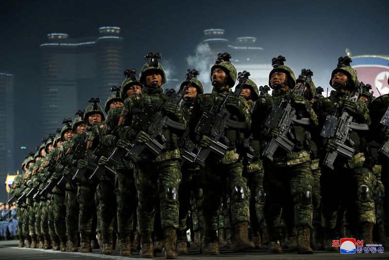 &copy; Reuters. Troops take part in a military parade to mark the 75th founding anniversary of North Korea's army, in Pyongyang, North Korea February 8, 2023, in this photo released by North Korea's Korean Central News Agency.    KCNA via REUTERS /File Photo