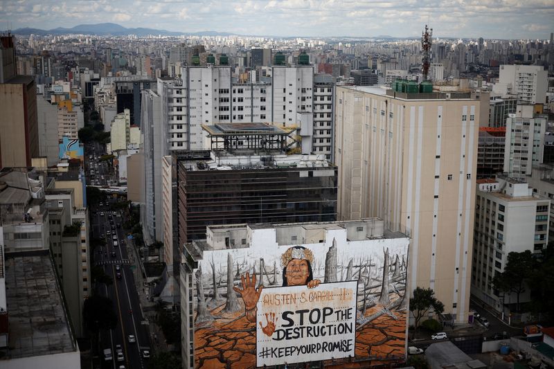 © Reuters. The mural 'Stop the Destruction' depicting Alessandra Munduruku in protest against Cargill with the name Austen Cargill II painted with mud, as other names of Cargill-MacMillan family members were erased later, is seen in Sao Paulo, Brazil October 22, 2024. Mural is designed by Brazilian artist and activist Mundano, made with different shades and colors of paint and also ashes collected from fires in Amazon and other biomes, mud from floods in Rio Grande do Sul, white clay from Sawre Muybu indigenous land, clay from Jaragua indigenous land and Urucum.  REUTERS/Amanda Perobelli