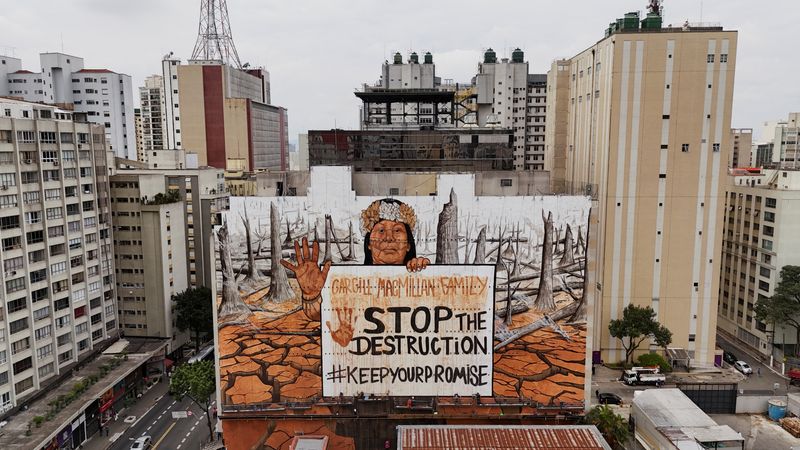 © Reuters. The mural 'Stop the Destruction' depicting Alessandra Munduruku in protest against Cargill with the name Cargill-MacMillan family painted with mud which was erased later, is seen in Sao Paulo, Brazil October 23, 2024. Mural is designed by Brazilian artist and activist Mundano, made with different shades and colors of paint and also ashes collected from fires in Amazon and other biomes, mud from floods in Rio Grande do Sul, white clay from Sawre Muybu indigenous land, clay from Jaragua indigenous land and Urucum. REUTERS/Amanda Perobelli