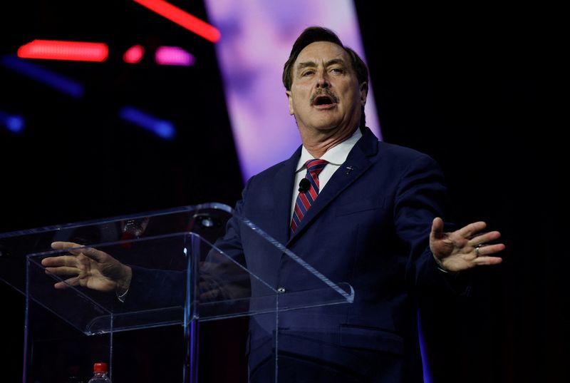 &copy; Reuters. FILE PHOTO: Mike Lindell, business man also known as My Pillow Guy, speaks at an event held by the national conservative political movement, 'Turning Point' in Detroit, Michigan, U.S., June, 16, 2024. REUTERS/Rebecca cook/File Photo