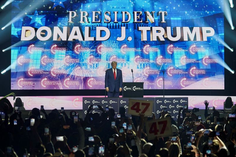 &copy; Reuters. Republican presidential nominee and former U.S. President Donald Trump looks on during a campaign event sponsored by conservative group Turning Point USA, in Duluth, Georgia, U.S., October 23, 2024. REUTERS/Elijah Nouvelage