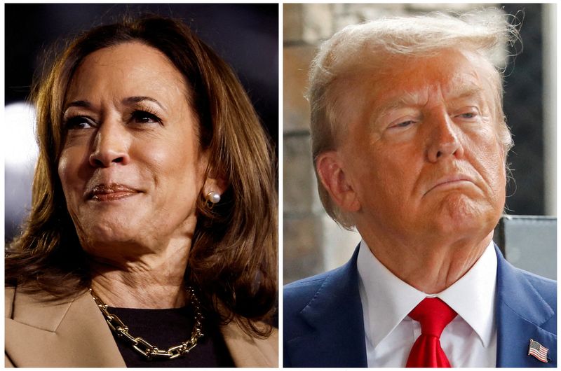 &copy; Reuters. FILE PHOTO: Democratic Vice President Kamala Harris and Republican opponent  former U.S. President Donald Trump are seen in a combination of file photographs taken in Chandler, Arizona, U.S., October 10, 2024 and in Evans, Georgia, U.S., October 4, 2024. 