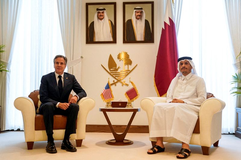 &copy; Reuters. Il Segretario di Stato Usa Antony Blinken incontra il Primo Ministro e Ministro degli Esteri del Qatar Mohammed bin Abdulrahman Al Thani a Doha, Qatar, 24 ottobre 2024. REUTERS/Nathan Howard