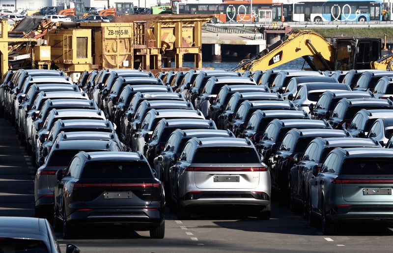 © Reuters. New China-built electric vehicles of the company Xpeng are seen parked in the port of Zeebrugge, Belgium, October 24, 2024. REUTERS/Yves Herman/ File Photo