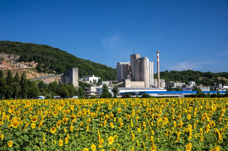 &copy; Reuters. Sunflowers are seen in front of the plant of cement maker Holcim in Eclepens near Lausanne, Switzerland, July 25, 2024. REUTERS/Denis Balibouse/ File Photo