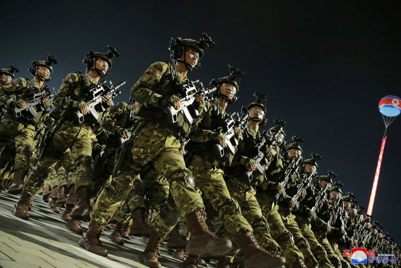 © Reuters. FILE PHOTO: Soldiers participate in a military parade to commemorate the 70th anniversary of the Korean War armistice in Pyongyang, North Korea, July 27, 2023, in this image released by North Korea's Korean Central News Agency.   KCNA via REUTERS/File Photo