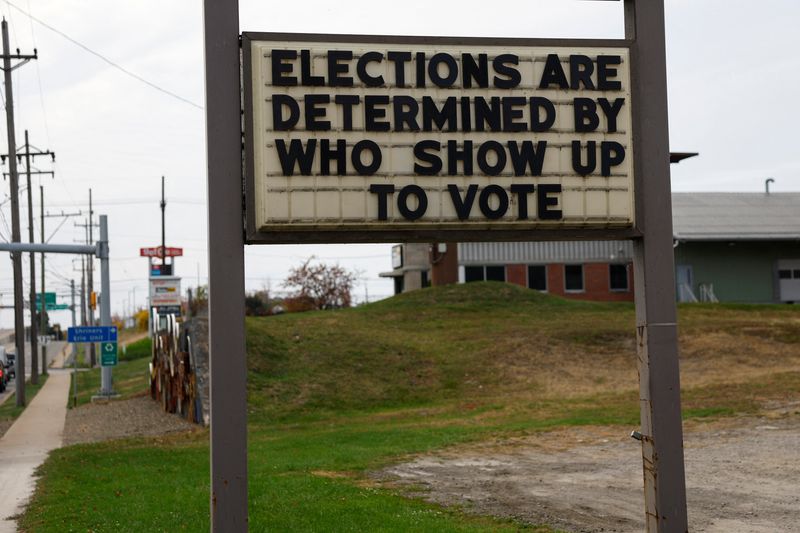 © Reuters. FILE PHOTO: An election voting sign stands along a road in the election battleground city of Erie, Pennsylvania, U.S., October 23, 2024. REUTERS/Shannon Stapleton/File Photo