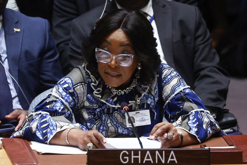 © Reuters. FILE PHOTO: Ghana's Minister for Foreign Affairs Shirley Ayorkor Botchwey speaks during a high level meeting of the United Nations Security Council in New York City, U.S., September 22, 2022. REUTERS/Amr Alfiky/File Photo