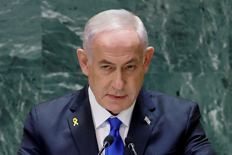 &copy; Reuters. Primeiro-ministro de Israel, Benjamin Netanyahu, durante discurso na Assembleia-Geral da ONU, em Nova Yorkn27/09/2024 REUTERS/Eduardo Munoz