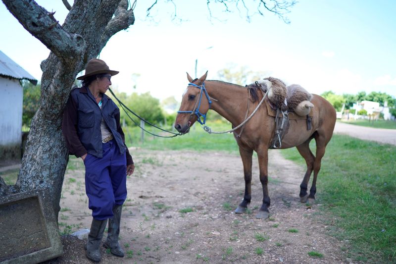 © Reuters. A woman stand next to a horse outside a polling station during the presidential election in Isla Patrulla village, Treinta y Tres department in Uruguay, October 27, 2024. REUTERS/Ana Ferreira